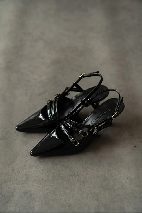 Three-Striped Buckle Black Leather Heels