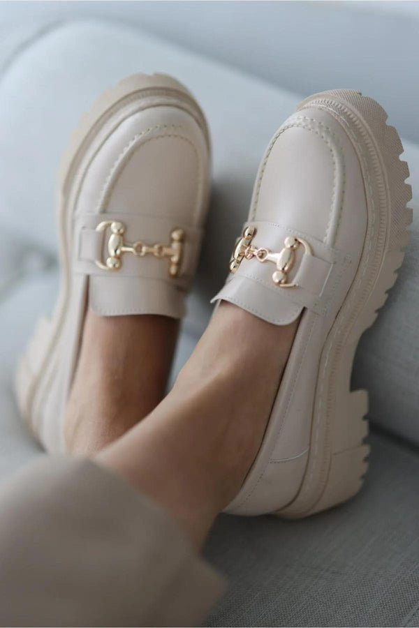 Women's Loafer Shoes- Beige Gold Buckle
