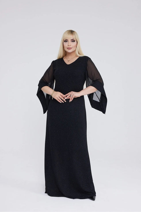 فستان سهرة نسائي أسود مقاس كبير بأكمام شيفون