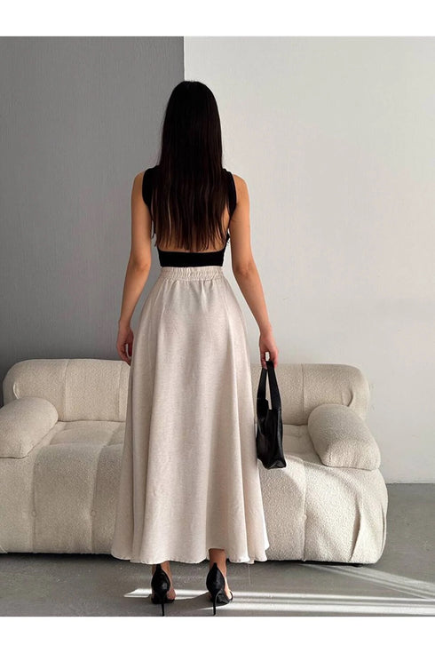 Women's Beige Linen Pocket Skirt