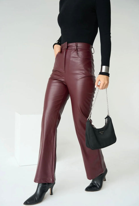 بنطلون جلد بقصة مستقيمة - لون بورد