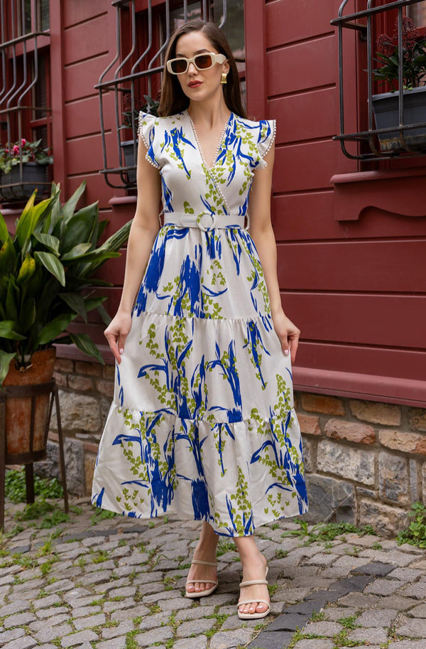 فستان كتان بنقشة ناعمة – أزرق