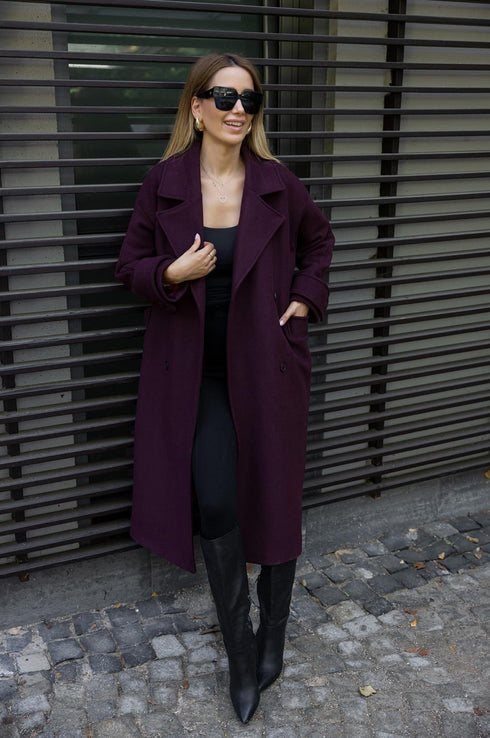 معطف كاشمير طويل بحزام - لون بوردو