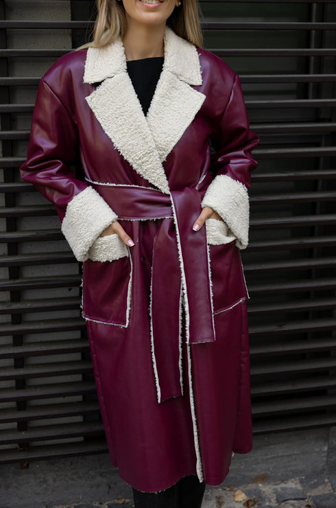 معطف طويل من الجلد الصناعي - بوردو