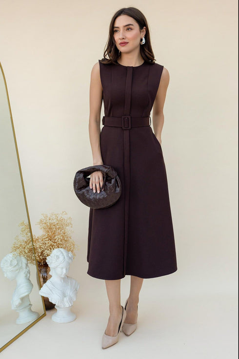 فستان بحزام - بني