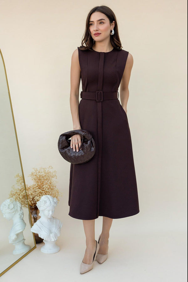 فستان بحزام - بني