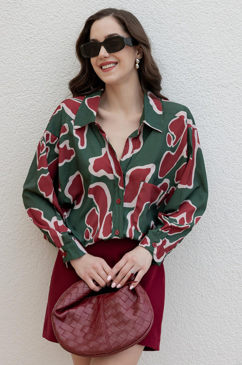 قميص منقوش اوفر سايز - أخضر زمردي
