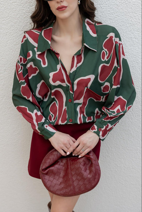 قميص منقوش اوفر سايز - أخضر زمردي