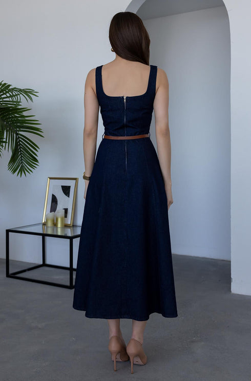 فستان جينز بحزام - أزرق غامق