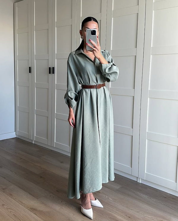 فستان بلون أخضر مينت مع حزام جلد كاميل