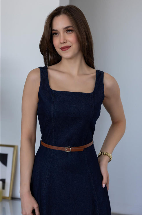 فستان جينز بحزام - أزرق غامق
