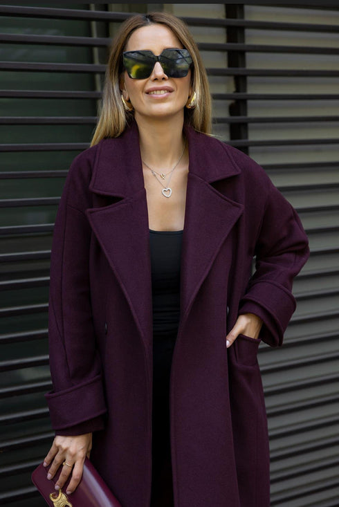 معطف كاشمير طويل بحزام - لون بوردو