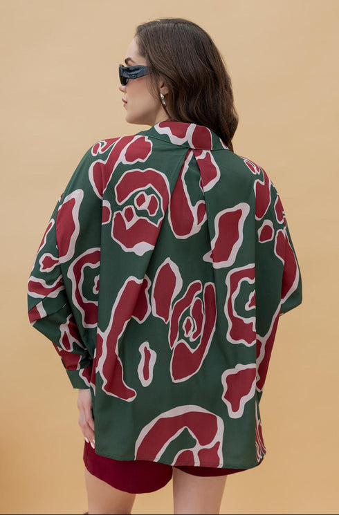 قميص منقوش اوفر سايز - أخضر زمردي