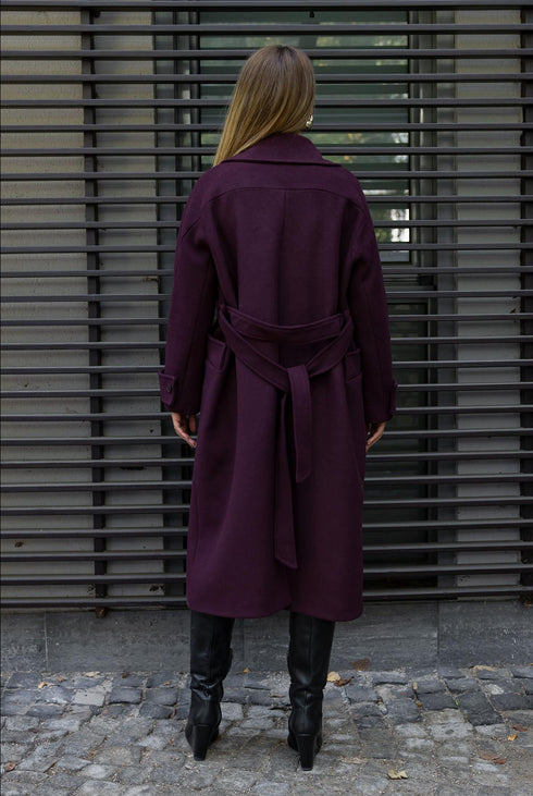 معطف كاشمير طويل بحزام - لون بوردو