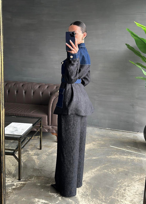 طقم جينز بحزام - أسود