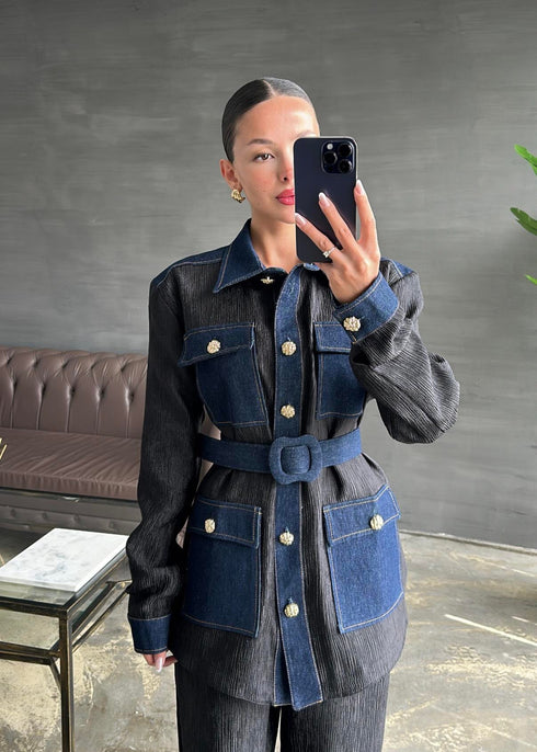 طقم جينز بحزام - أسود