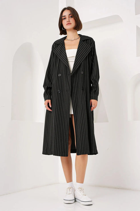 معطف نسائي مخطط - أسود غامق