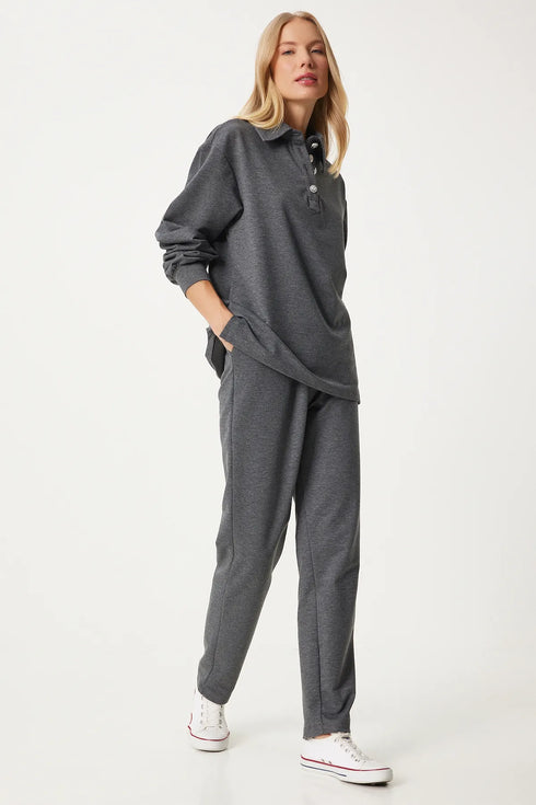 طقم بقبة بولو لون رمادي