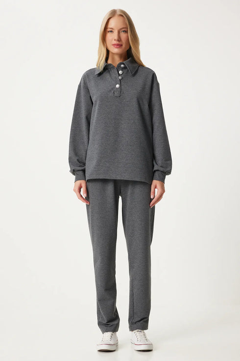 طقم بقبة بولو لون رمادي