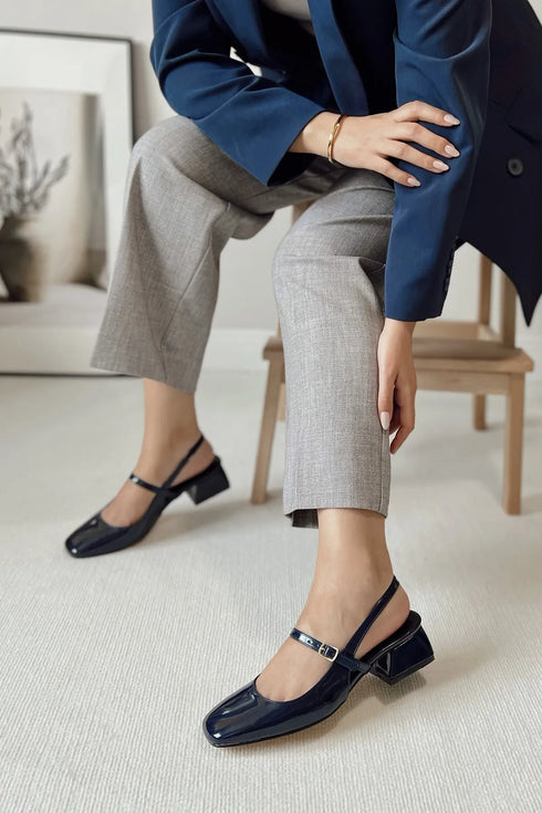 Navy Blue Open Back Short Heeled Shoes