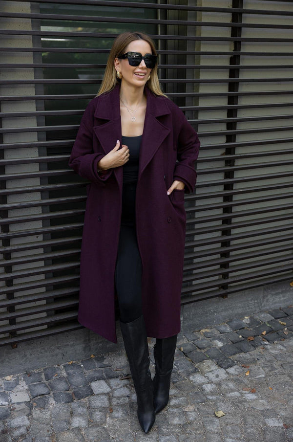 جكيت جوخ كاشمير طويل بحزام - لون بوردو