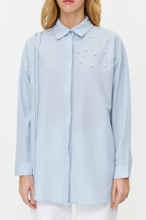 قميص بتفاصيل لؤلؤ - أزرق