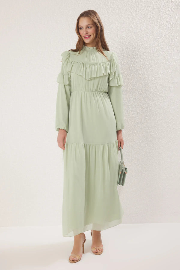 فستان منسوج مبطن بالشيفون بلون أخضر نعناعي