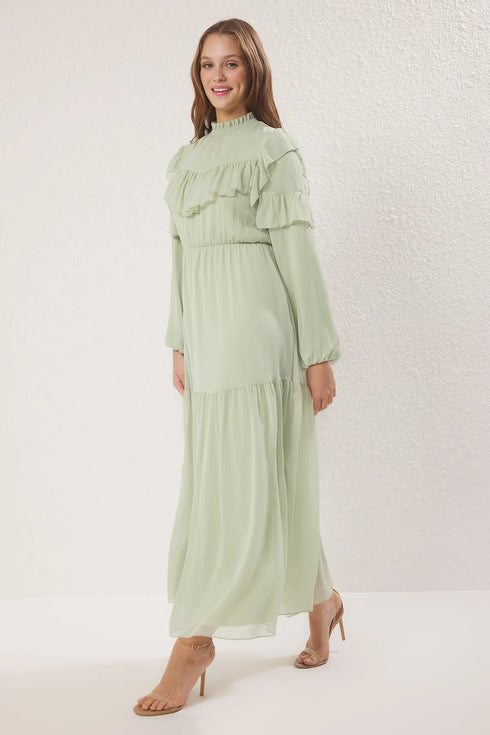 فستان منسوج مبطن بالشيفون بلون أخضر نعناعي