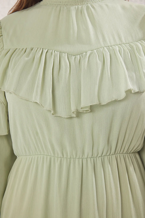 فستان منسوج مبطن بالشيفون بلون أخضر نعناعي