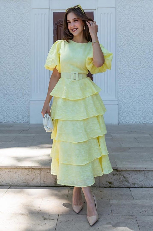 فستان بحزام - أصفر