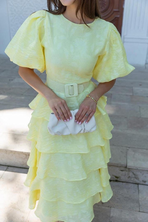 فستان بحزام - أصفر