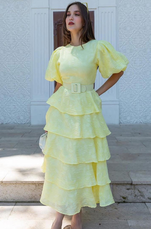 فستان بحزام - أصفر