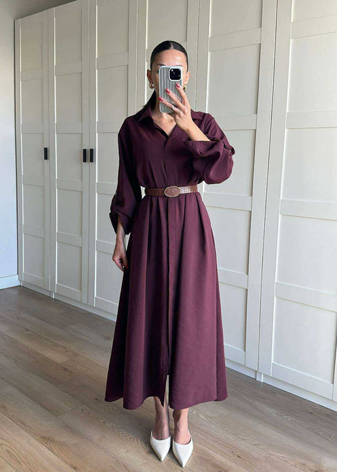 فستان بلون بوردو مع حزام جلد كاميل