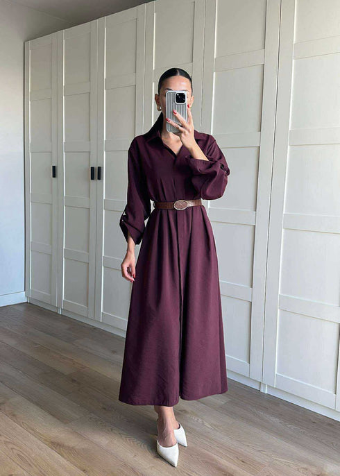 فستان بلون بوردو مع حزام جلد كاميل