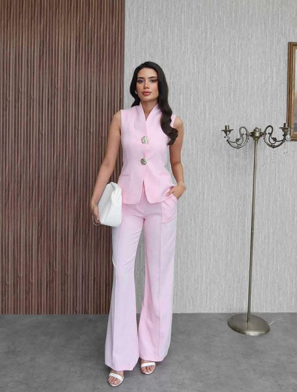 طقم قطعتين ڤيست وبنطلون- وردي