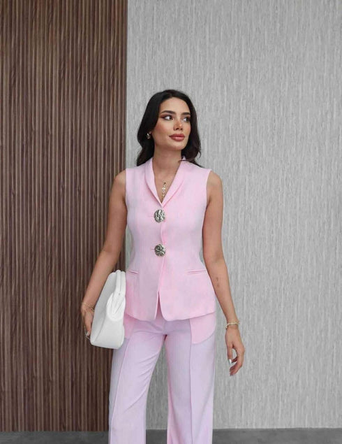 طقم قطعتين ڤيست وبنطلون- وردي