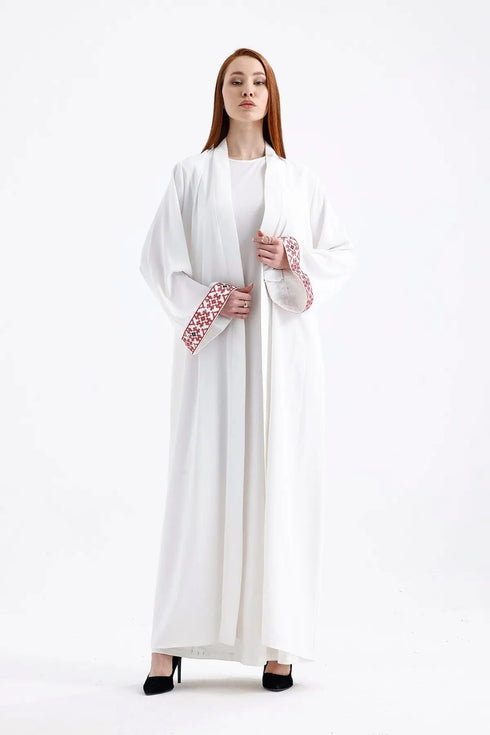 عباية فلسطينية مطرزة مع حزام - أبيض