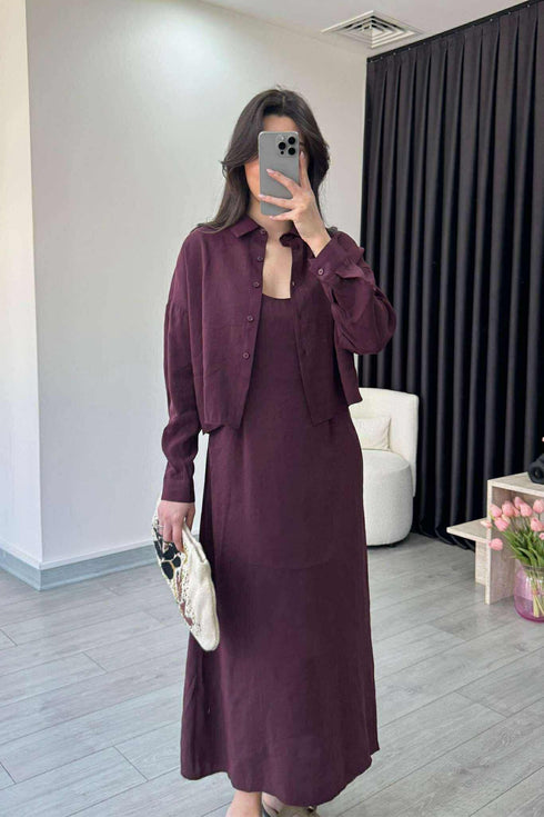 طقم فستان مع قميص - بوردو