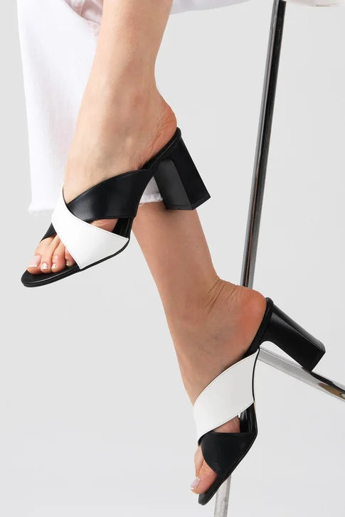Black and White Heeled Slippers
