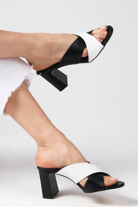 Black and White Heeled Slippers