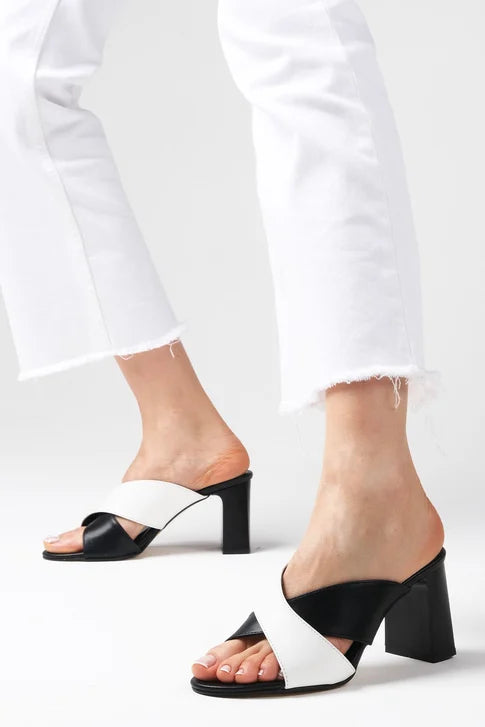 Black and White Heeled Slippers
