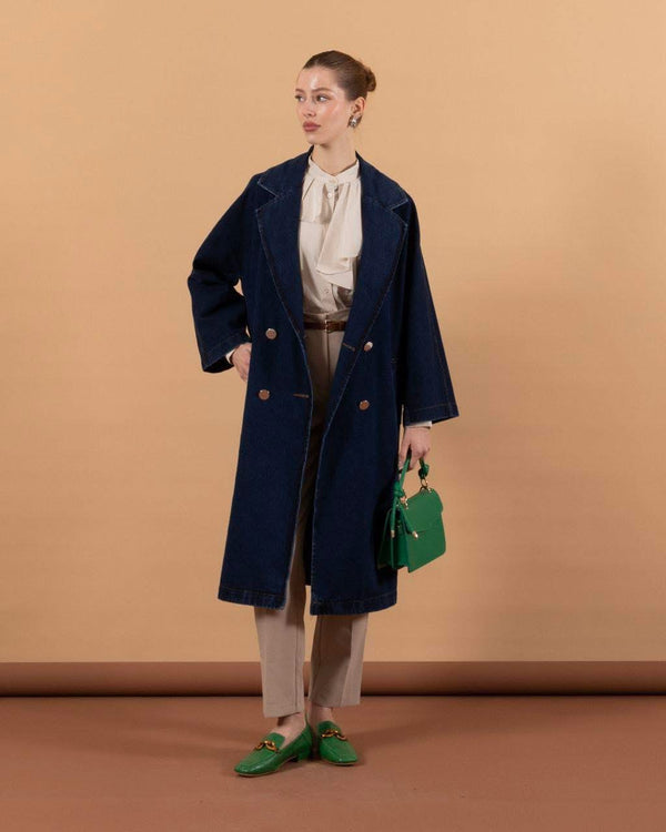 جكيت جينز نسائي طويل - ازرق غامق