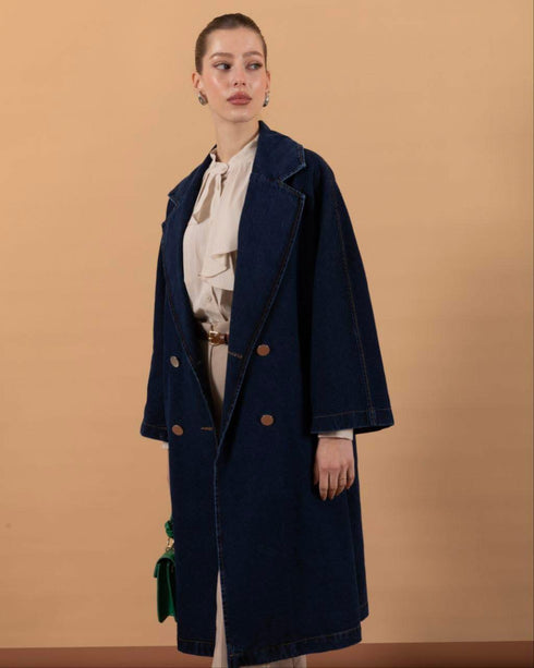 جكيت جينز نسائي طويل - ازرق غامق