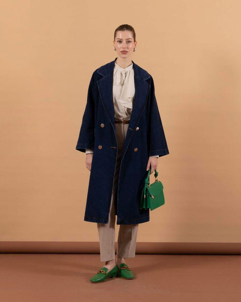 جكيت جينز نسائي طويل - ازرق غامق