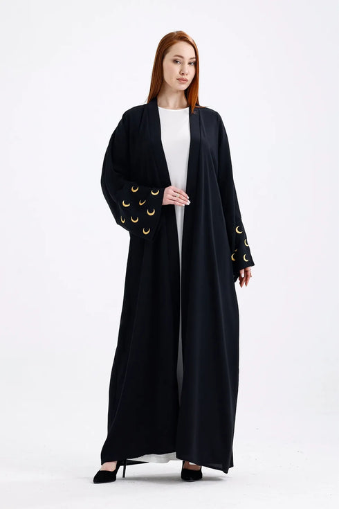 عباية لون أسود بنقشة هلال رمضان