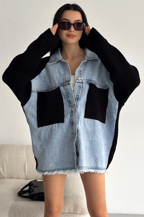 جكيت جينز محبوكة بأكمام سوداء