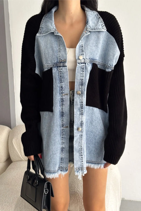 جكيت جينز محبوكة بأكمام سوداء