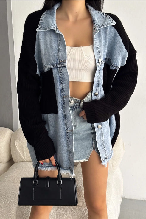 جكيت جينز محبوكة بأكمام سوداء