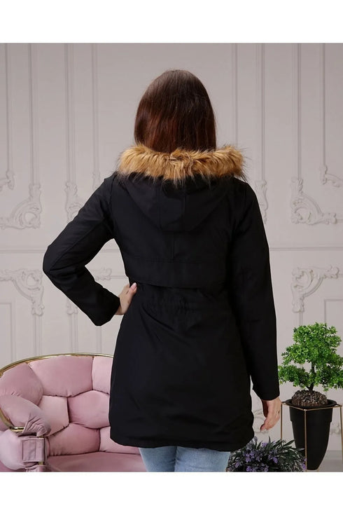 معطف شتوي مبطن بالفرو - باللون الأسود