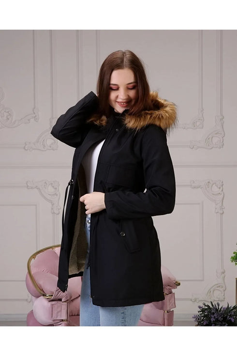 معطف شتوي مبطن بالفرو - باللون الأسود